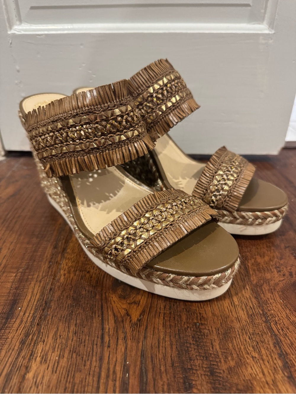 Vince Camuto Tan and Gold Braided Wedge Slides - Picture 3 of 7